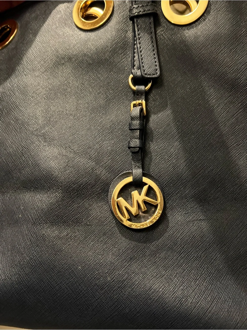 Michael Kors Navy Leather Tote with Gold Grommet Accents Beachy Captain